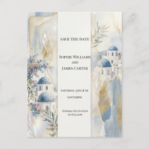 Blaue Santorini-Save-the-Date-Postkarte Postkarte