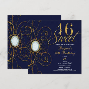Blaue Saphir Gold Diamant Sweet 16 16. Geburtstag Einladung