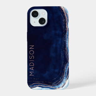 Blaue Saphir- und Rosen-Gold-Geoden-Achat-Personal iPhone 15 Hülle