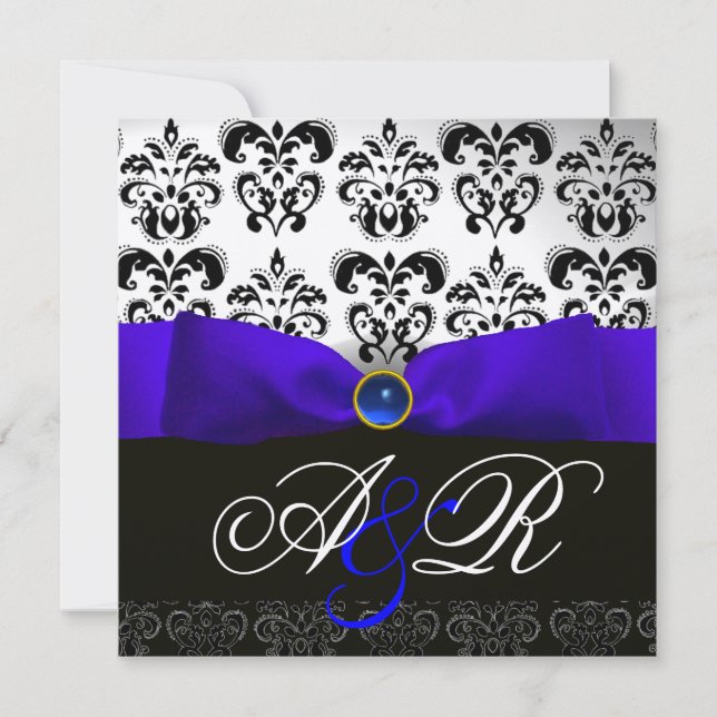 BLAUE SAPPHIRE RIBBON WHACK DAMASK MONOGRAM EINLADUNG (Vorderseite)