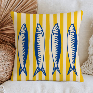 Blaue Sardinen auf gelben Streifen Moderne Meerest Kissen