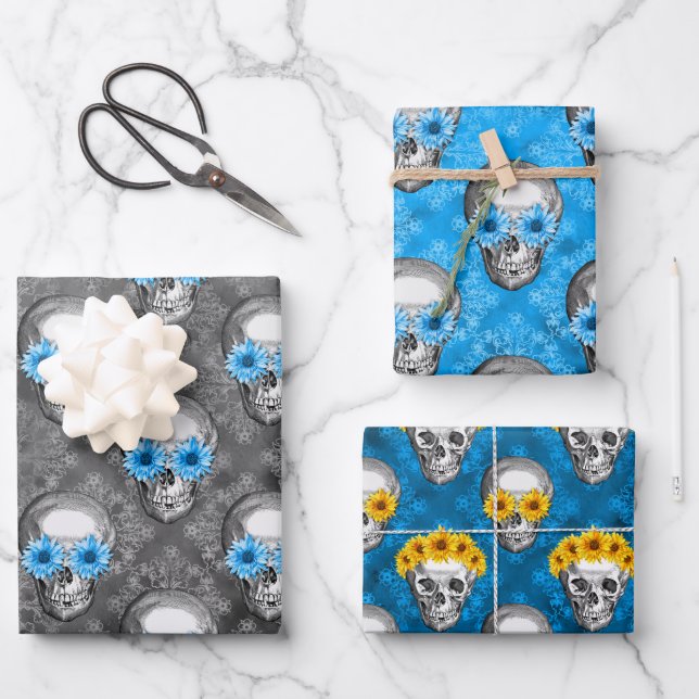 Blaue Schädel und Sonnenblumen, Design 5 Geschenkpapier Set (Vorderseite)