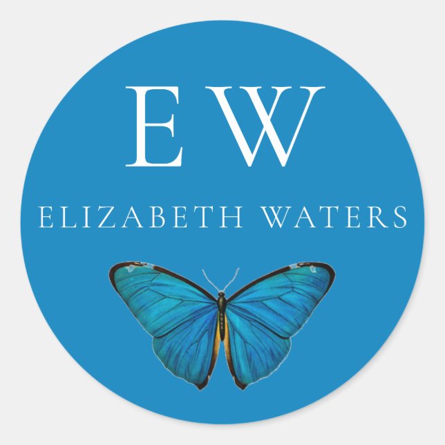 BLAUE SCHALTFLY RUNDE INDIVIDUELLE NAME STICKER (Vorderseite)