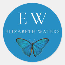 BLAUE SCHALTFLY RUNDE INDIVIDUELLE NAME STICKER