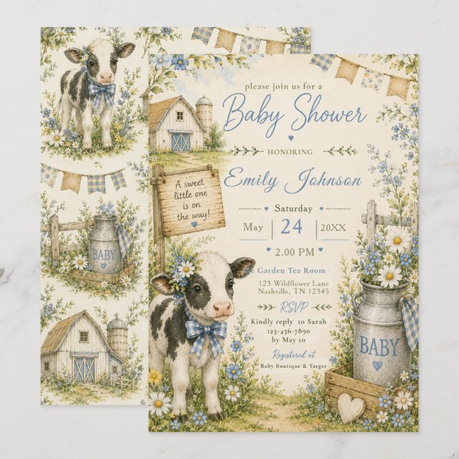 Blaue Scheune Kuh Baby Shower Einladung (Vorne/Hinten)