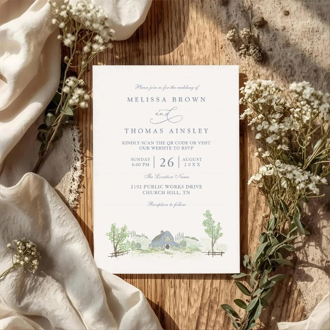 Blaue Scheune Land Rustikale QR-Code-Hochzeit Einladung (Von Creator hochgeladen)
