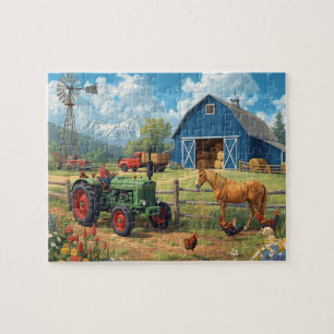 Blaue Scheune Traktor Pferd Farm Berg Szene Puzzle
