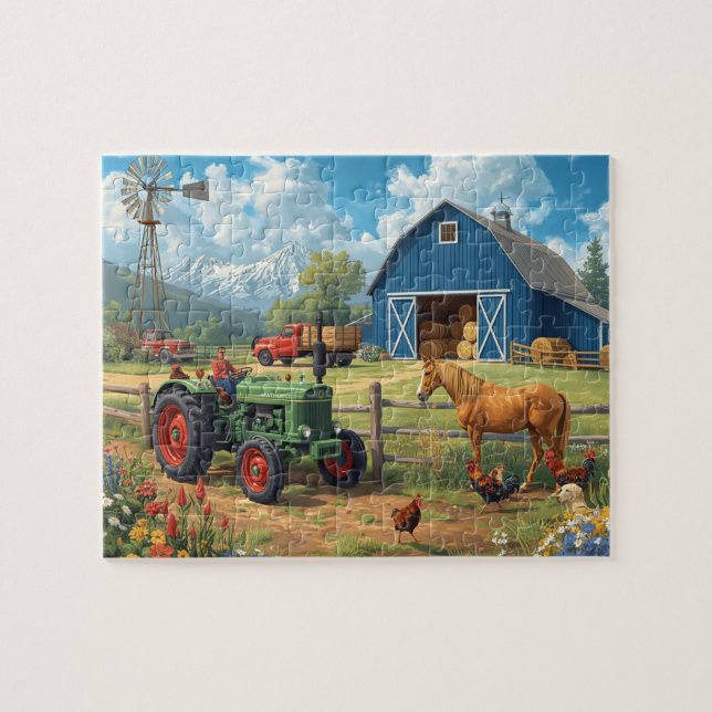 Blaue Scheune Traktor Pferd Farm Berg Szene Puzzle (Horizontal)