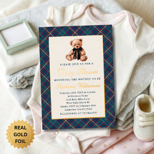 Blaue schicke Karo Vintage-Teddybär-Baby-Party Folieneinladung