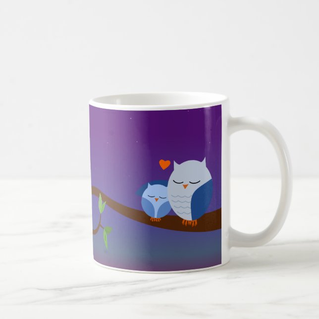 Blaue schläfrige Eulen-personalisierte Tasse (Rechts)