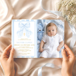 Blaue Schleife Baby Junge Taufe Foto-Einladung Einladung