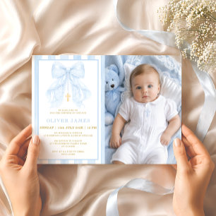 Blaue Schleife Baby Junge Taufe Foto-Einladung Einladung