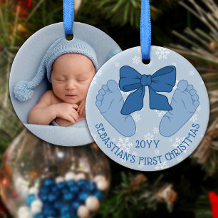 Blaue Schleife Babyfüße Foto Erstes Weihnachten de Keramik Ornament