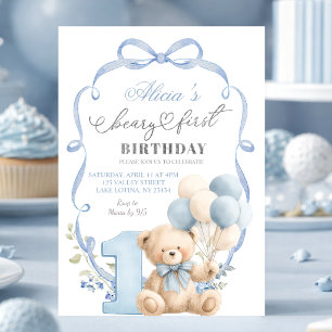 Blaue Schleife Coquette Beary Erster Geburtstag Einladung