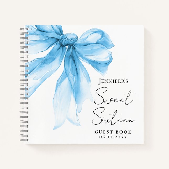 Blaue Schleife Coquette Script Sweet 16 Gästebuch  Notizbuch (Vorderseite)