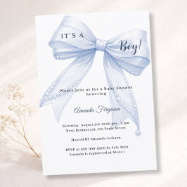 Blaue Schleife elegante Perlen Junge Baby Shower Einladung