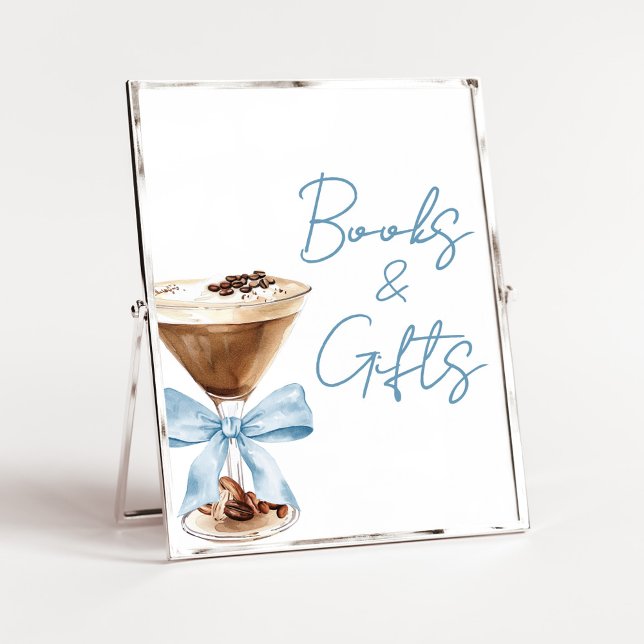Blaue Schleife Espresso Dusche Bücher und Geschenk Poster (Espresso Baby Shower Sign)