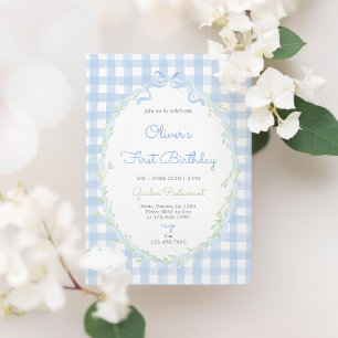 Blaue Schleife Floral Geburtstag Junge Blau Gingha Einladung