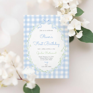 Blaue Schleife Floral Geburtstag Junge Blau Gingha Einladung