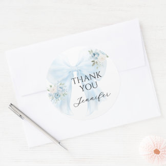 Blaue Schleife Florale Danke für die Babyparty für Runder Aufkleber