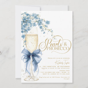 Blaue Schleife Florale Perlen & Prosecco Brautpart Einladung