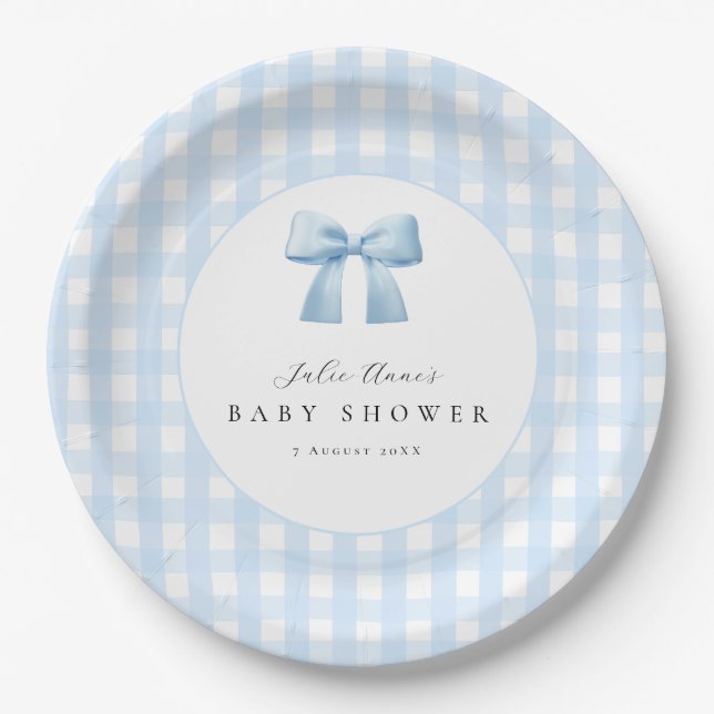 Blaue Schleife Gingham Baby Shower Papier Teller (Vorderseite)
