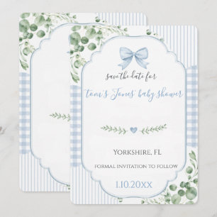 Blaue Schleife Gingham Baby Shower Save the Date
