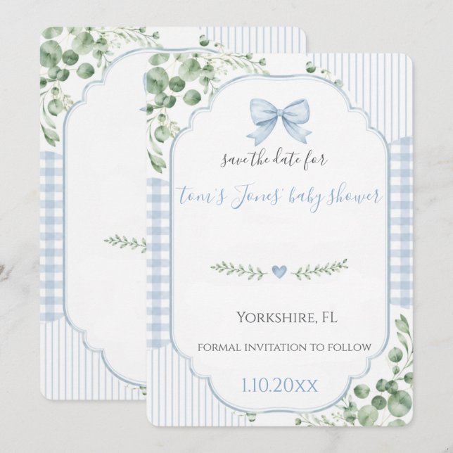 Blaue Schleife Gingham Baby Shower Save the Date (Vorne/Hinten)