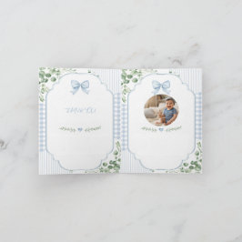 Blaue Schleife Gingham Grünzeug Baby Shower Foto Dankeskarte
