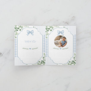 Blaue Schleife Gingham Grünzeug Baby Shower Foto Dankeskarte