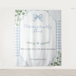 Blaue Schleife Gingham Grünzeug Baby Shower Hinter Wandteppich
