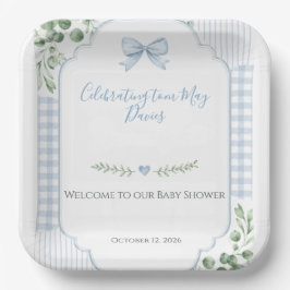 Blaue Schleife Gingham Grünzeug Baby Shower Pappteller