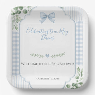 Blaue Schleife Gingham Grünzeug Baby Shower Pappteller