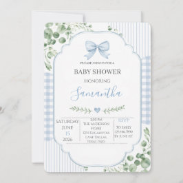 Blaue Schleife Gingham Grünzeug Junge Baby-Party Einladung