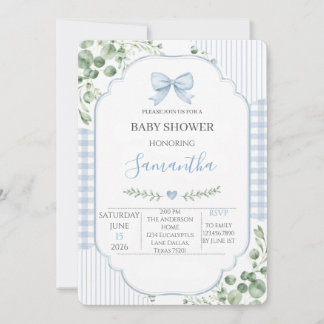 Blaue Schleife Gingham Grünzeug Junge Baby-Party Einladung