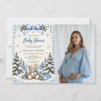 Blaue Schleife Gingham Teddybär Baby Shower Foto Einladung