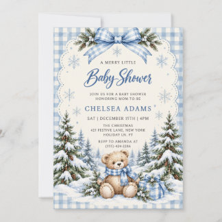 Blaue Schleife Gingham Teddybär Baby Shower Party Einladung