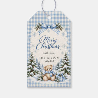 Blaue Schleife Gingham Teddybär Weihnachtsfeier Geschenkanhänger