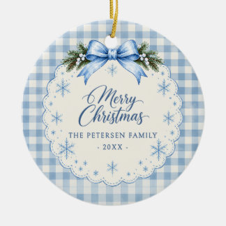 Blaue Schleife Gingham Teddybär Weihnachtsfeier Keramik Ornament