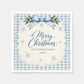 Blaue Schleife Gingham Teddybär Weihnachtsfeier Serviette