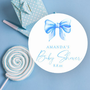 Blaue Schleife Jungen Babyparty Runder Aufkleber