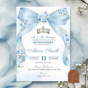 Blaue Schleife Kokette Krone Florale Quinceanera E Einladung
