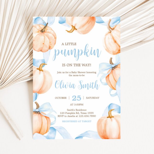 Blaue Schleife Kürbis Baby Shower Einladung (Blue Bow Pumpkin Baby Shower invitation)