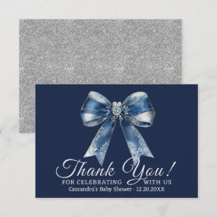 Blaue Schleife Silber Glitter Baby Shower Dankeskarte