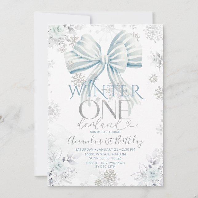 Blaue Schleife Silber Schnee Winter Onederland Geb Einladung (Vorderseite)