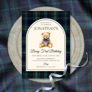 Blaue Schleife Teddy Bär Tartan Geburtstag Einladung