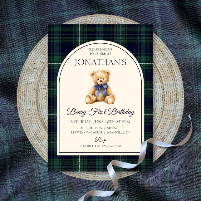 Blaue Schleife Teddy Bär Tartan Geburtstag Einladung (Blue Bow Teddy Bear Tartan Birthday Invitation)