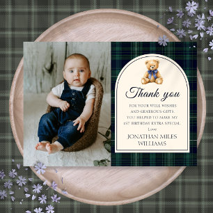 Blaue Schleife Teddy Bär Tartan Geburtstagsfoto Dankeskarte