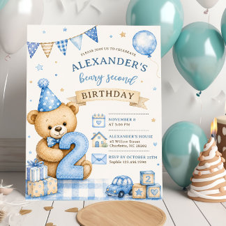 Blaue Schleife Teddy Beary zweite Geburtstagseinla Einladung