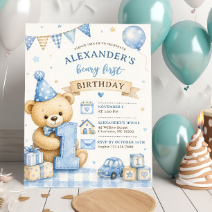 Blaue Schleife Teddybär Tartan Geburtstagseinladun Einladung